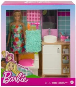 MATTEL Barbie Playset Bagno, Bambola Con Lavello E Mobile Bagno GRG87